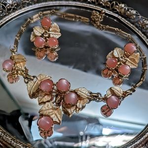 Vintage Pink Moonglow Flower Garland Necklace And  Earrings Set